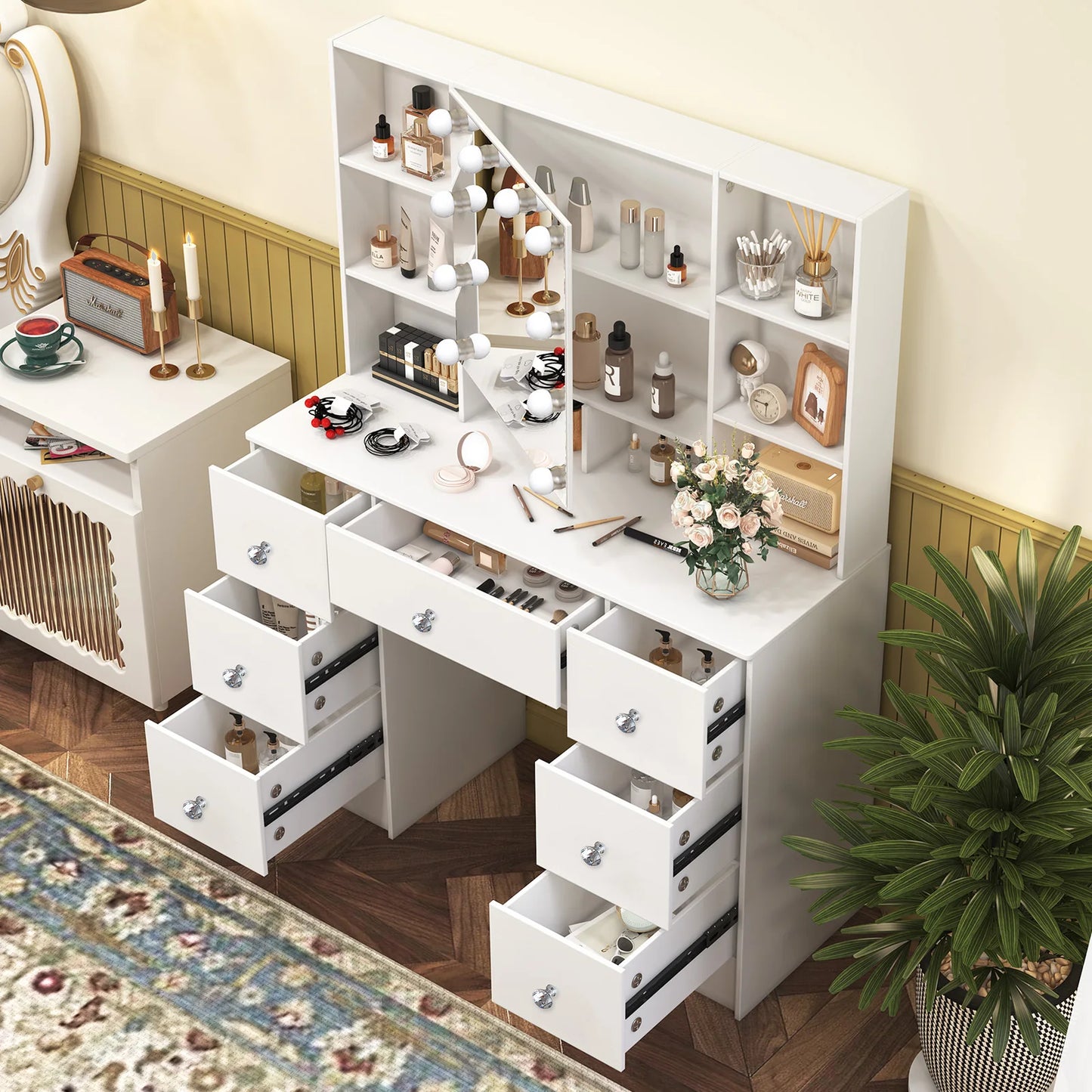 Teousev 7 Drawer Vanity Dressing Table with LED Mirror