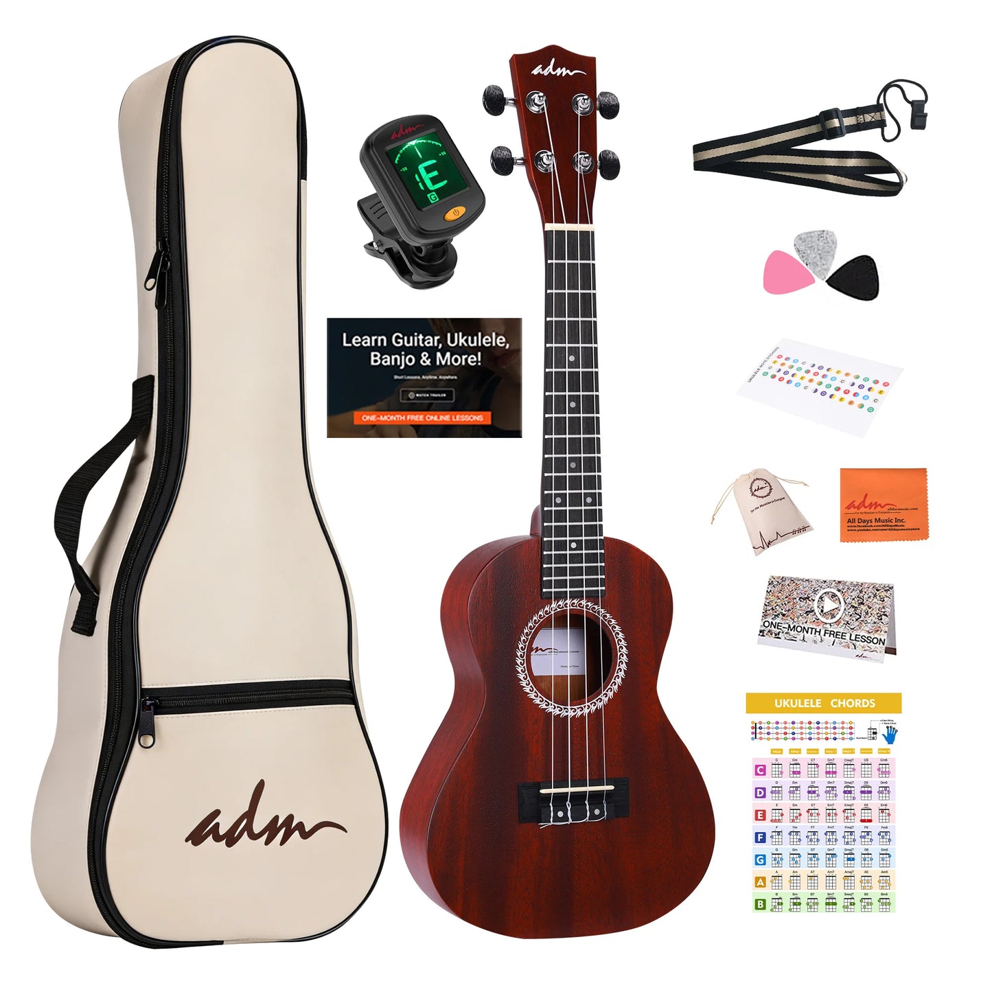 Adm 23 Inch Concert Ukulele Mahogany Body Starter Kit