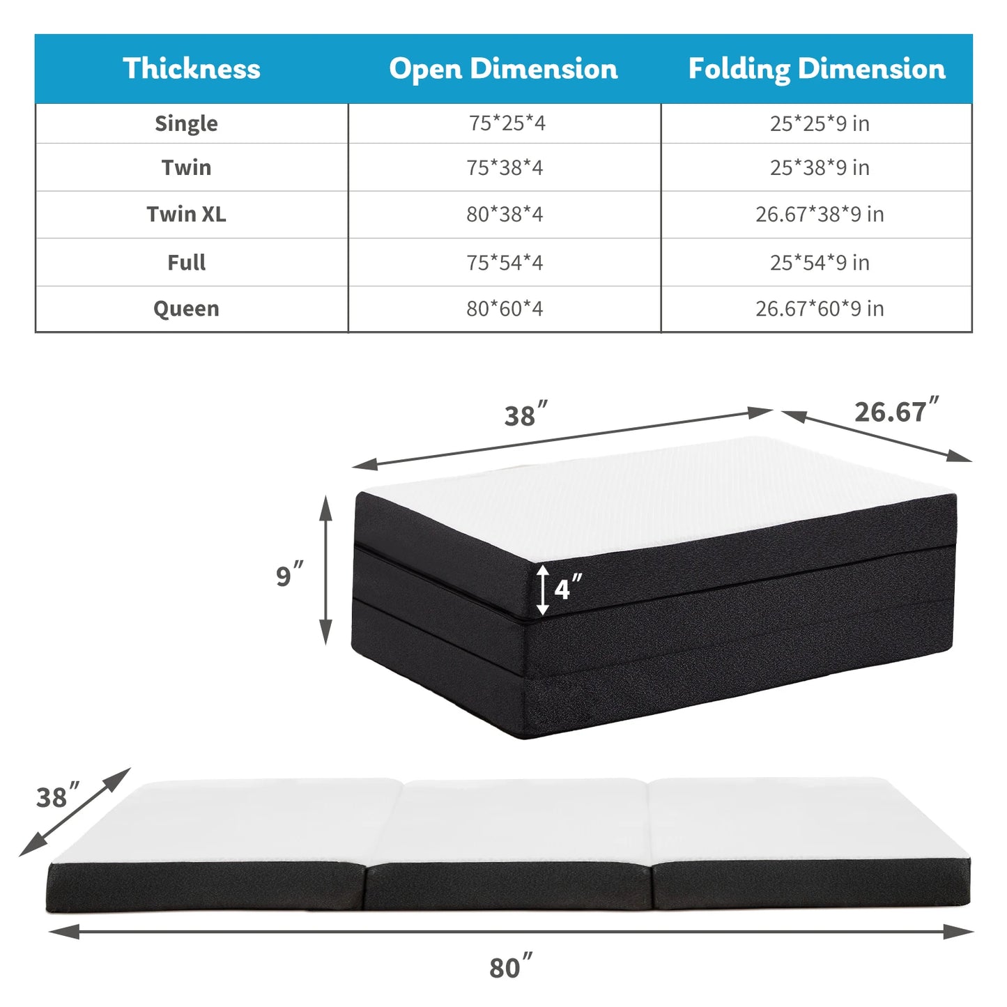 JHK Three Fold Floor Bed CertiPUR US Memory Foam Mattress