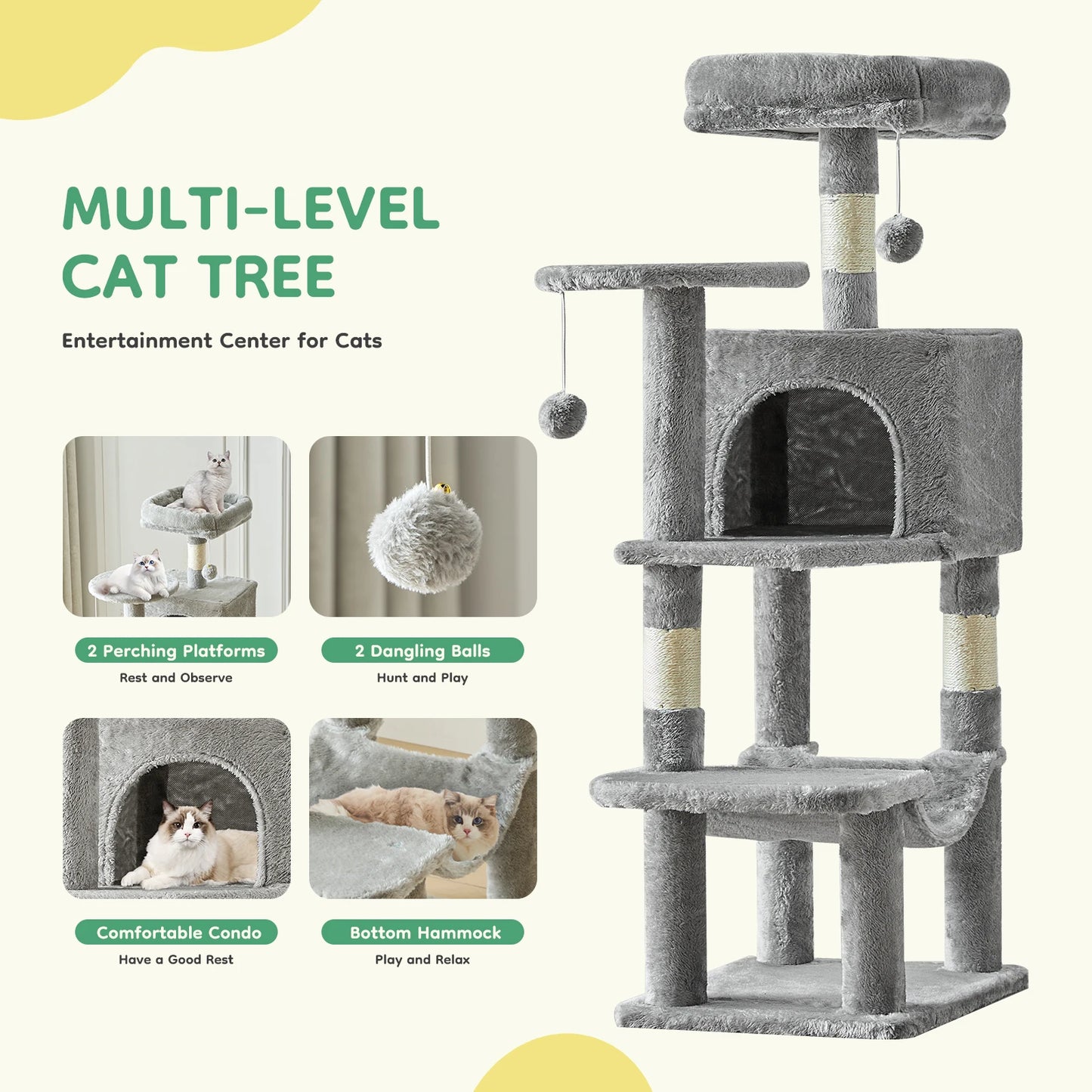 JHK Indoor Multi Cat Tower With Natural Sisal Scratching Posts