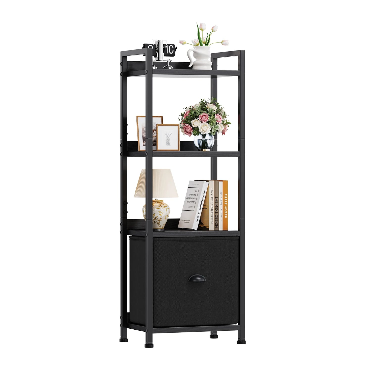 MCQ 5 Tier Bookshelf With Fabric Drawer Wood And Metal Organizer