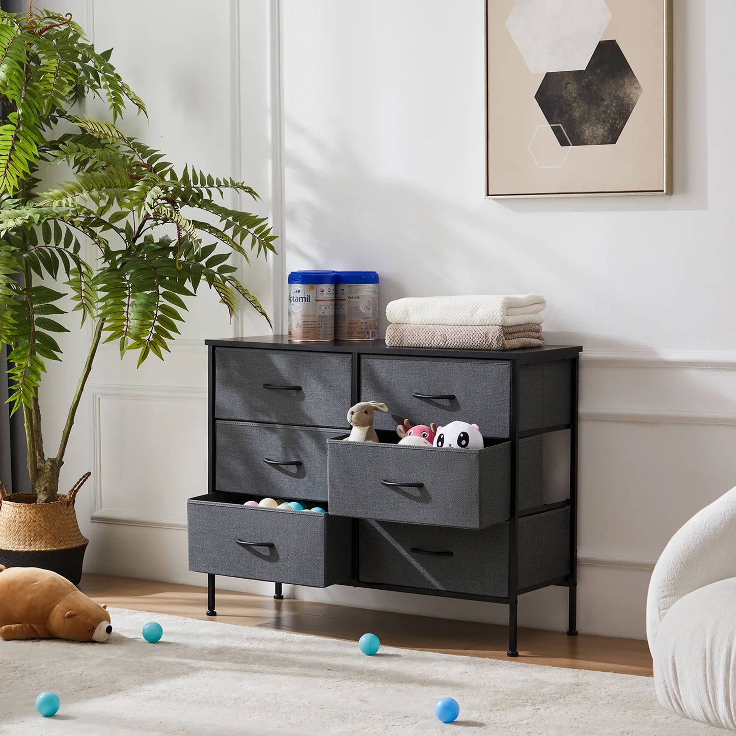 JHK 6 Fabric Drawers Nightstand Bedside Storage Table Bedroom Furniture
