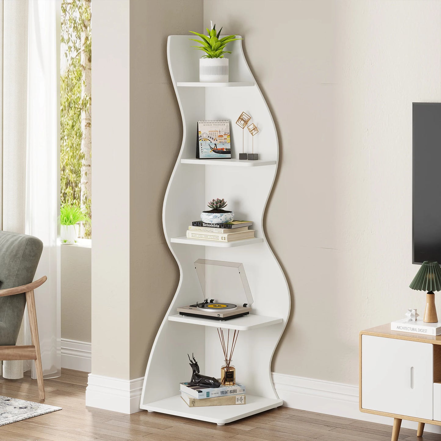 Tribesigns Modern 5-Tier Wooden Corner Shelf Bookcase