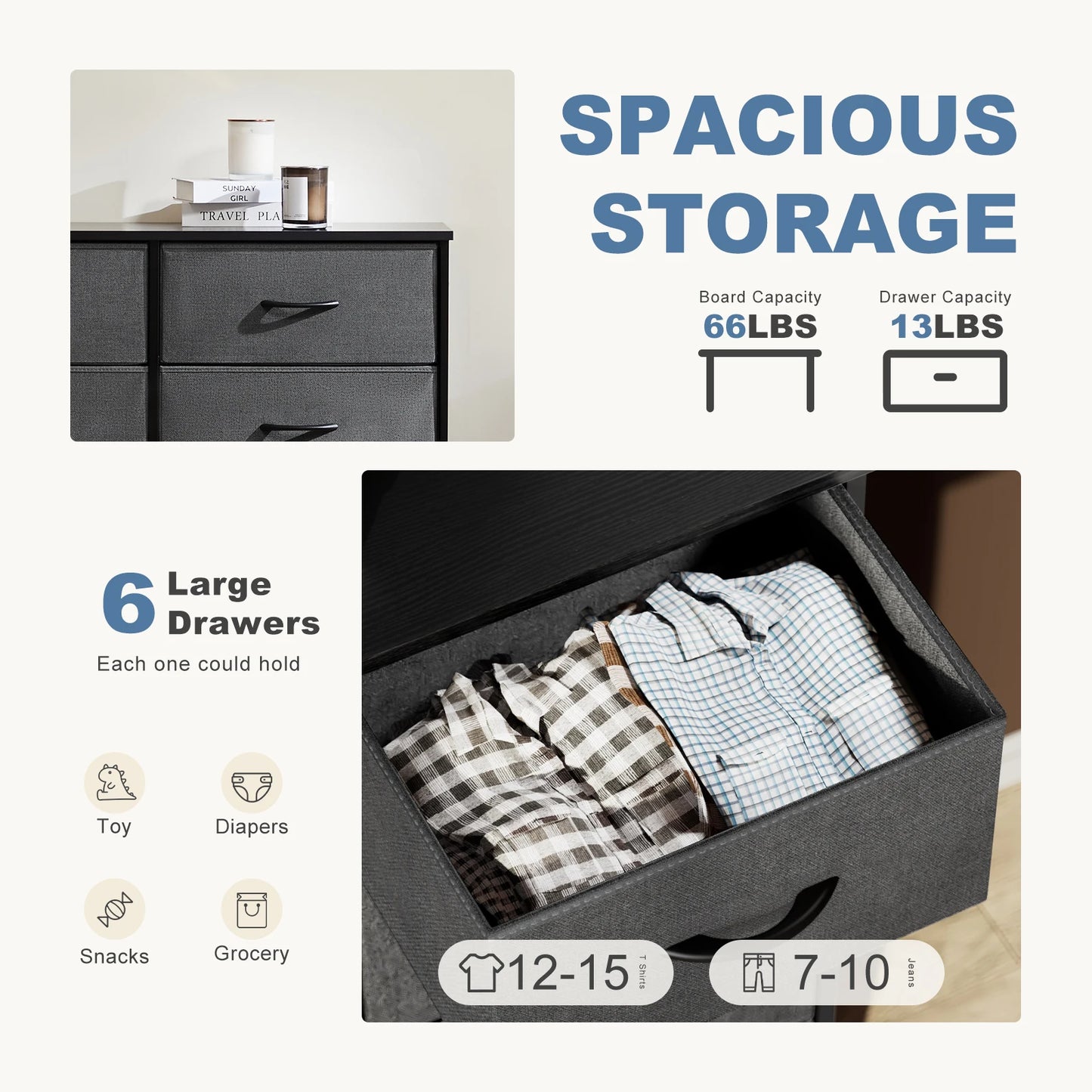 JHK 6 Fabric Drawers Nightstand Bedside Storage Table Bedroom Furniture