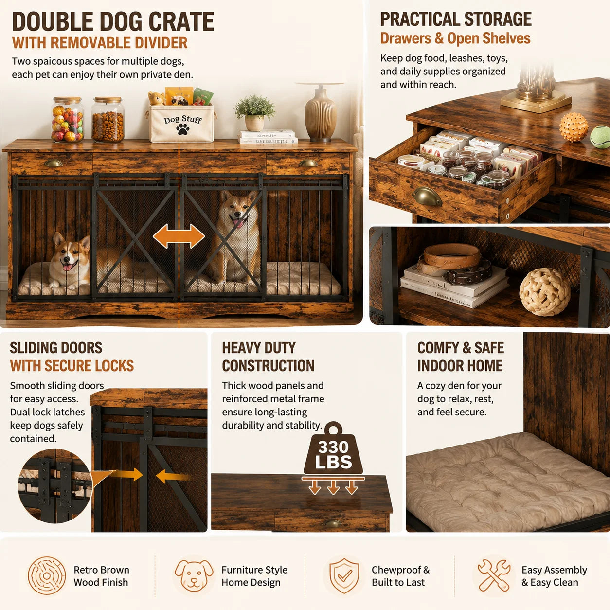 Large Wooden Double Dog Crate Furniture With Divider And Storage