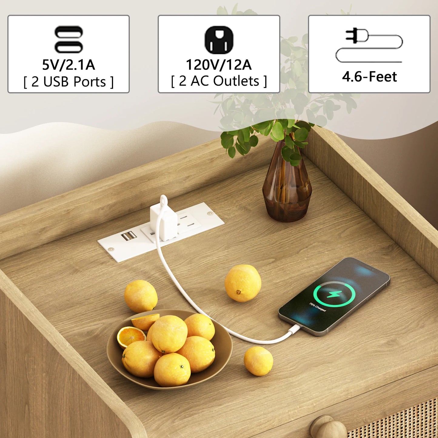 Rustic Rattan Nightstand With Charging Station And Drawers