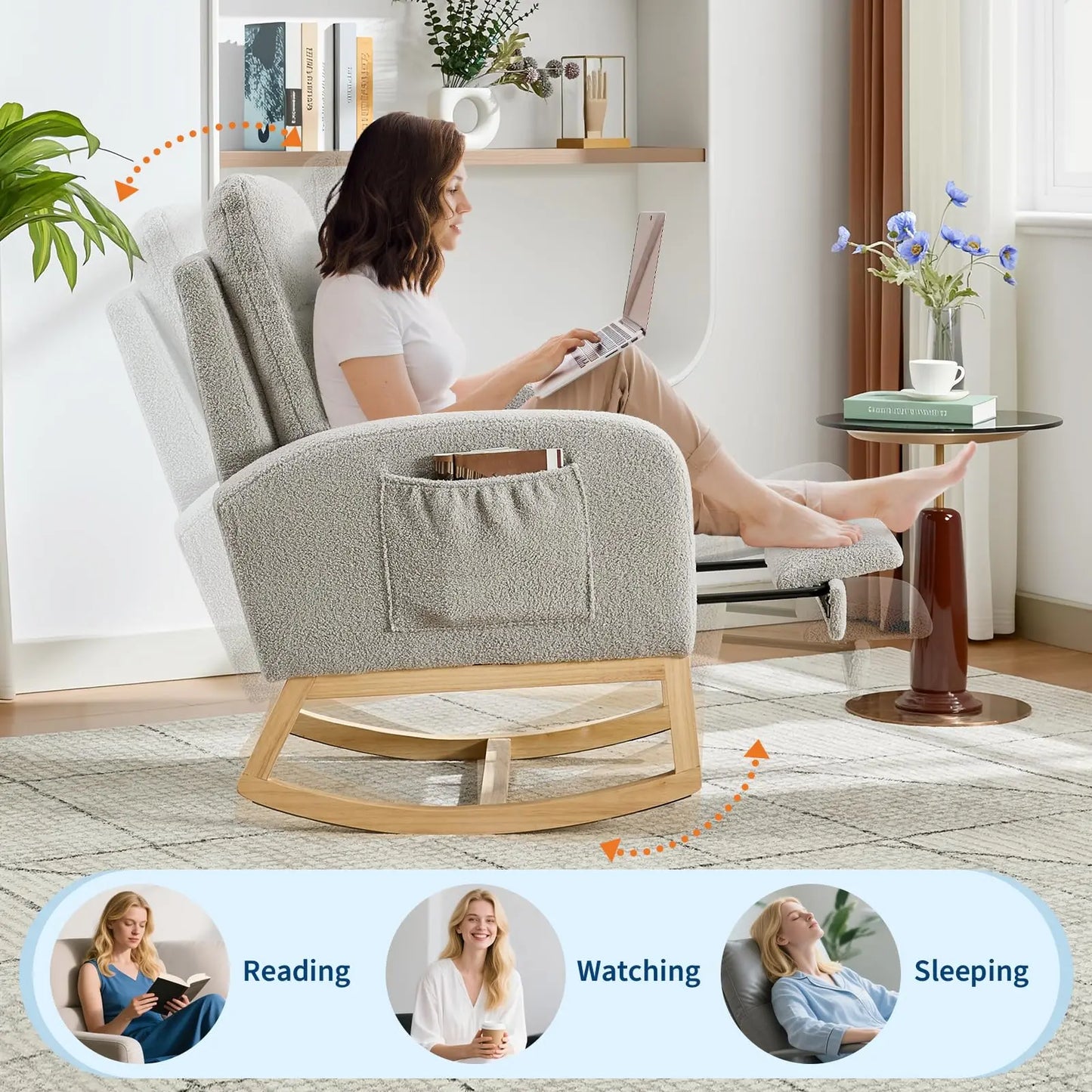 Modern Teddy Upholstered Rocking Chair With Footrest And Side Pocket