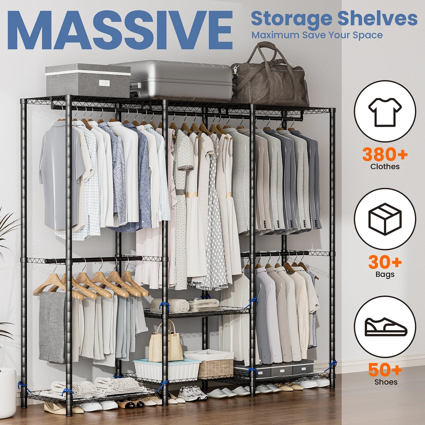 Heavy Duty Metal Freestanding Clothes Rack Storage Organizer