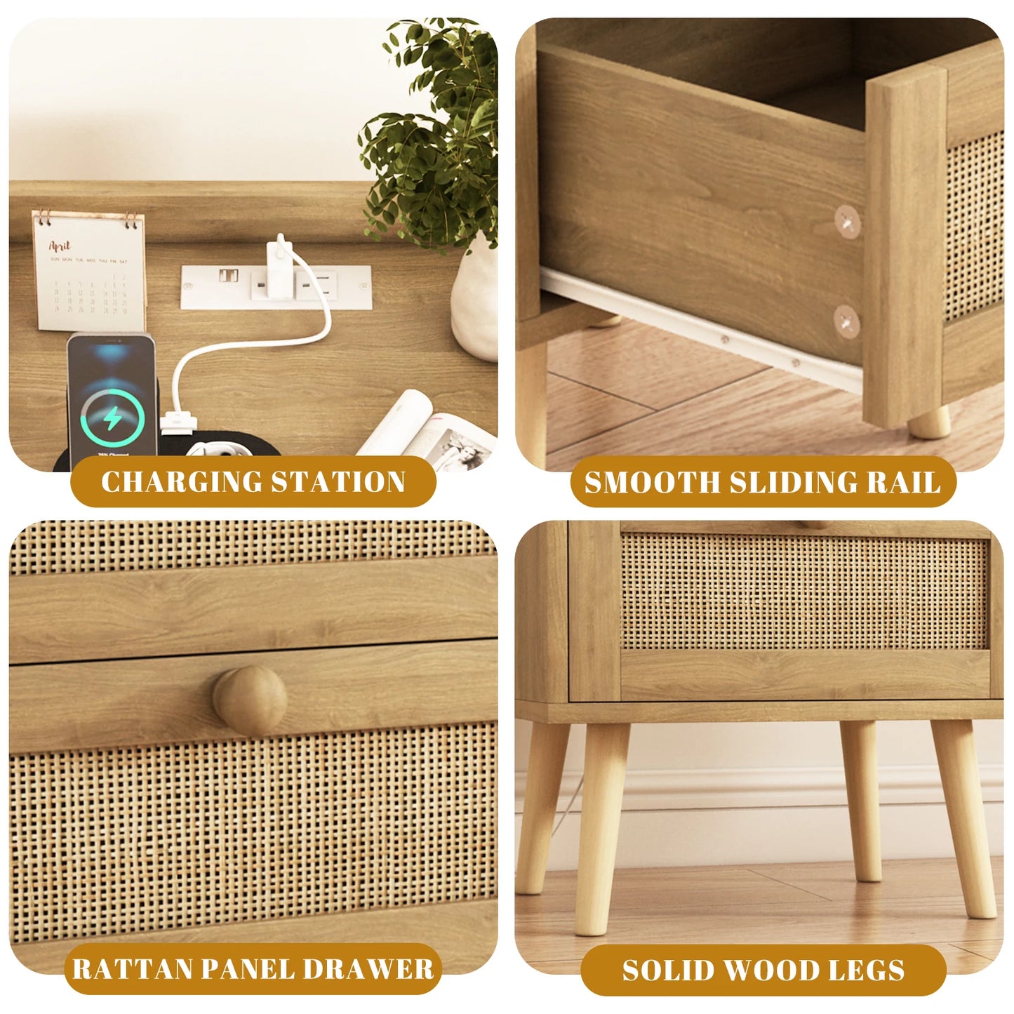 Rustic Rattan Nightstand With Charging Station And Drawers