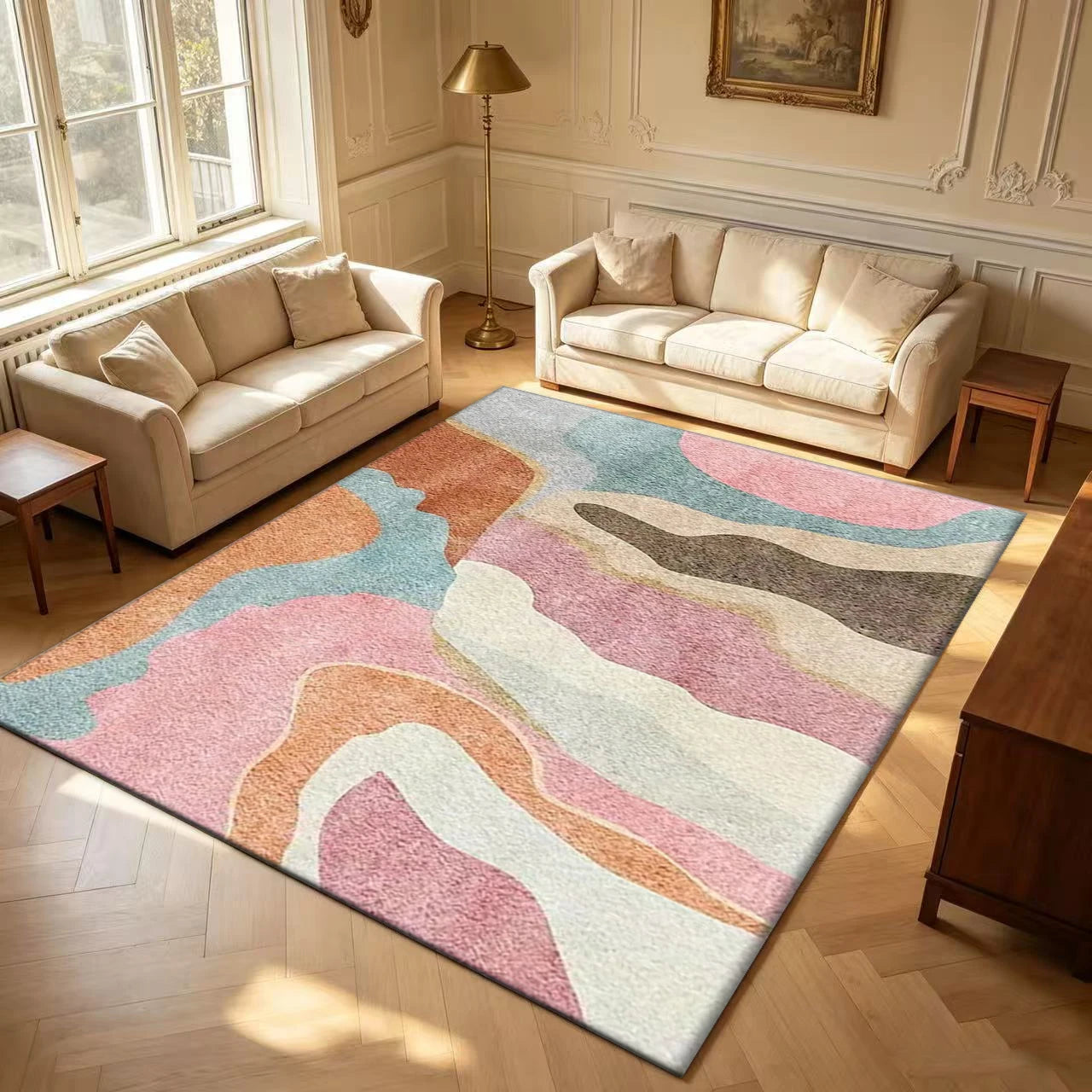 Classic Polyester Abstract Wave Area Rug With Rubber Backing