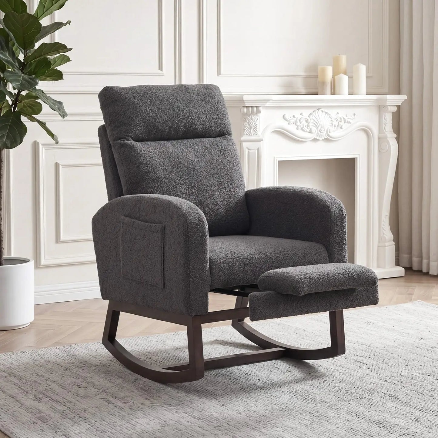Modern Teddy Upholstered Rocking Chair With Footrest And Side Pocket