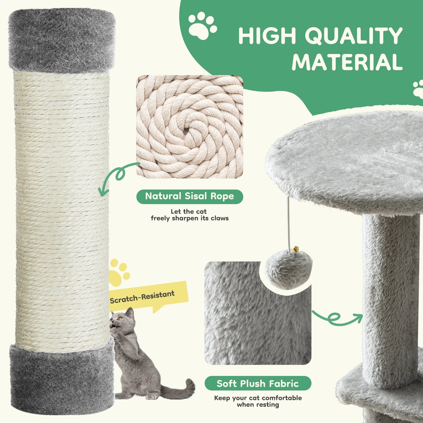 JHK Indoor Multi Cat Tower With Natural Sisal Scratching Posts