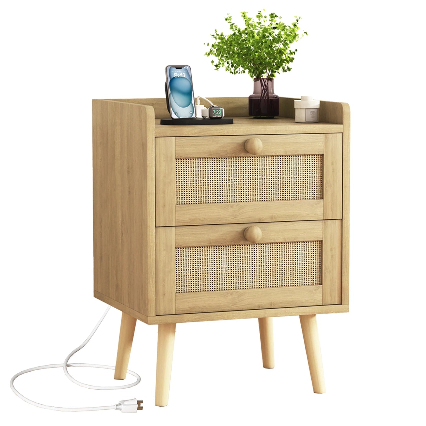 Rustic Rattan Nightstand With Charging Station And Drawers