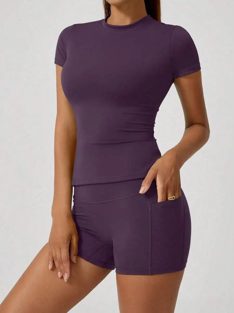 Women's Seamless Yellow Yoga Shorts Set With High Waist