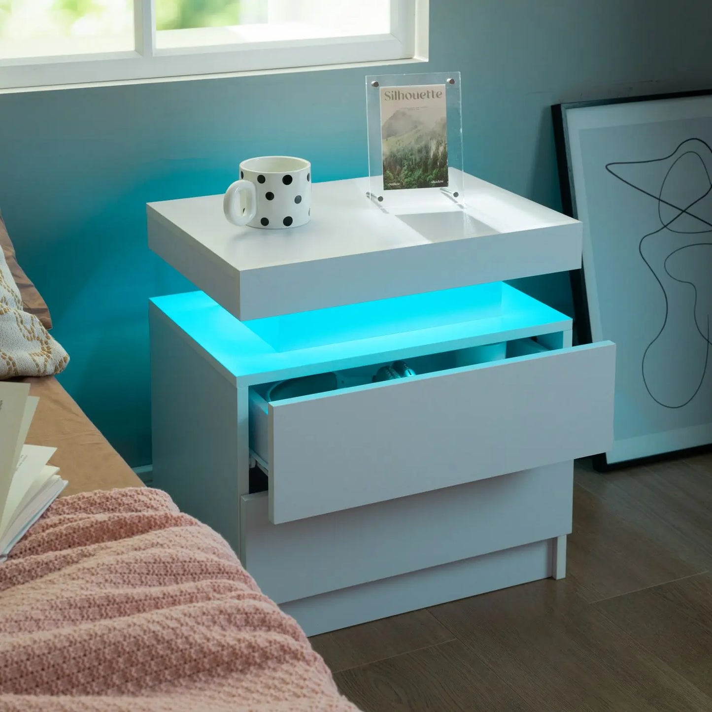 Cubehom Set Of 2 Modern Led Nightstand With Drawers
