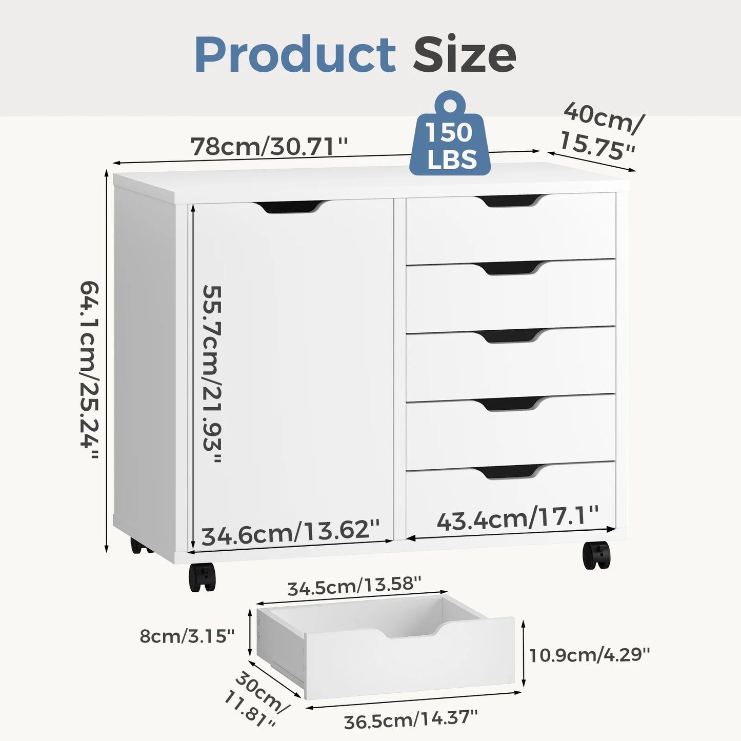JHK Wood 5 Drawer Cabinet Organizer With Wheels