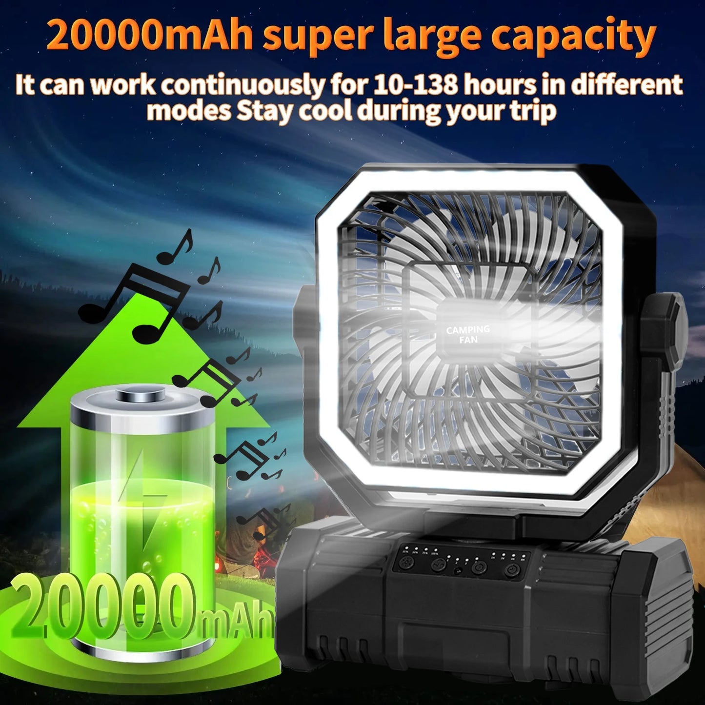Portable Rechargeable 20000mAh Camping Ceiling Fan With Light Remote Control