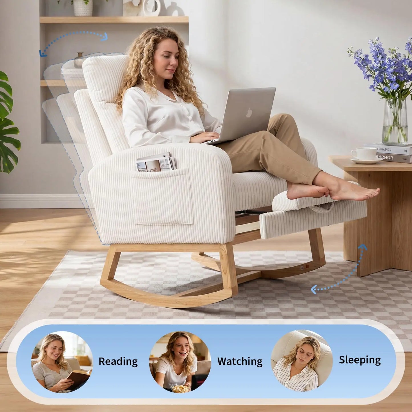 Corduroy Nursery Rocking Chair With Tufted Back And Wood Legs