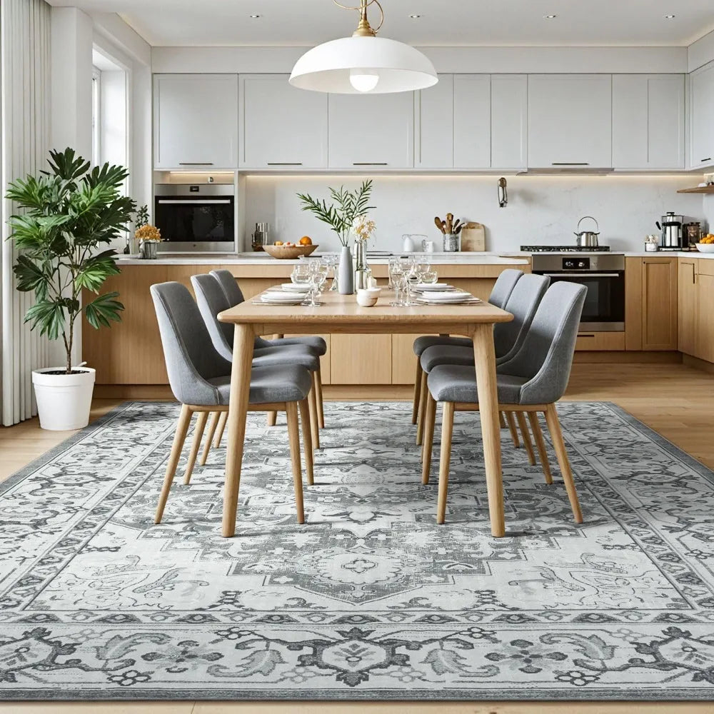 Floral Medallion Nylon Washable Area Rug With Non Slip Backing