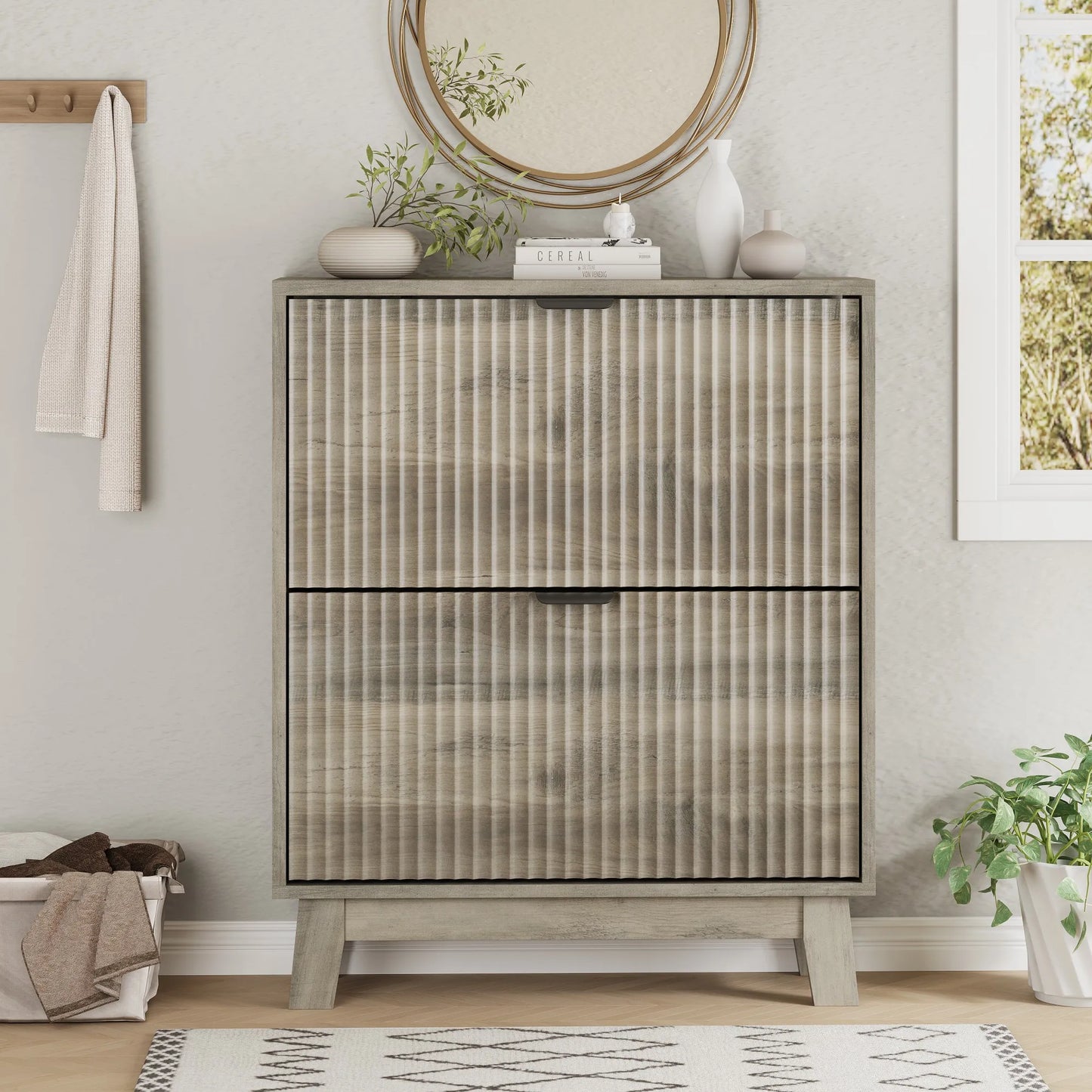 Modern Narrow Wooden Shoe Cabinet Two Flip Drawers Entryway Organizer
