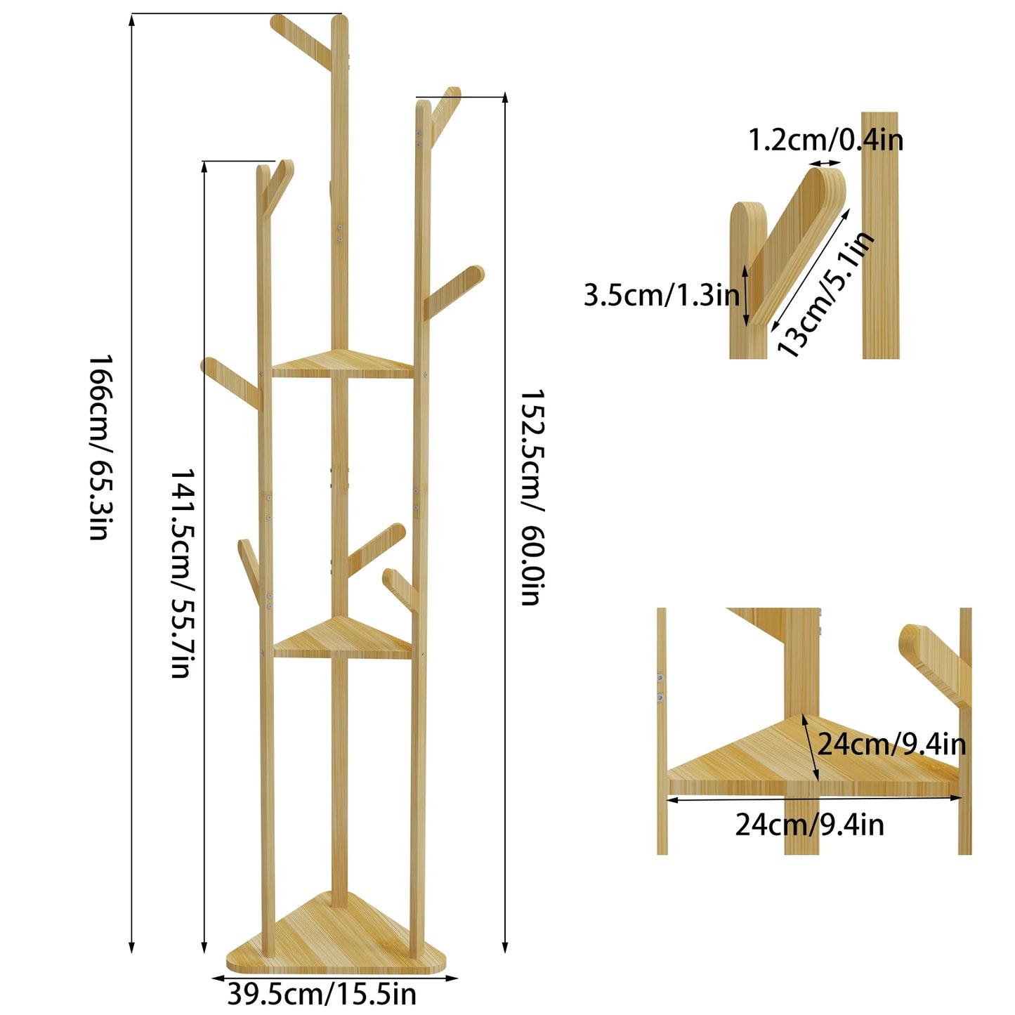 Wisfor Bamboo Corner Tree Coat Rack With Hooks And Shelves