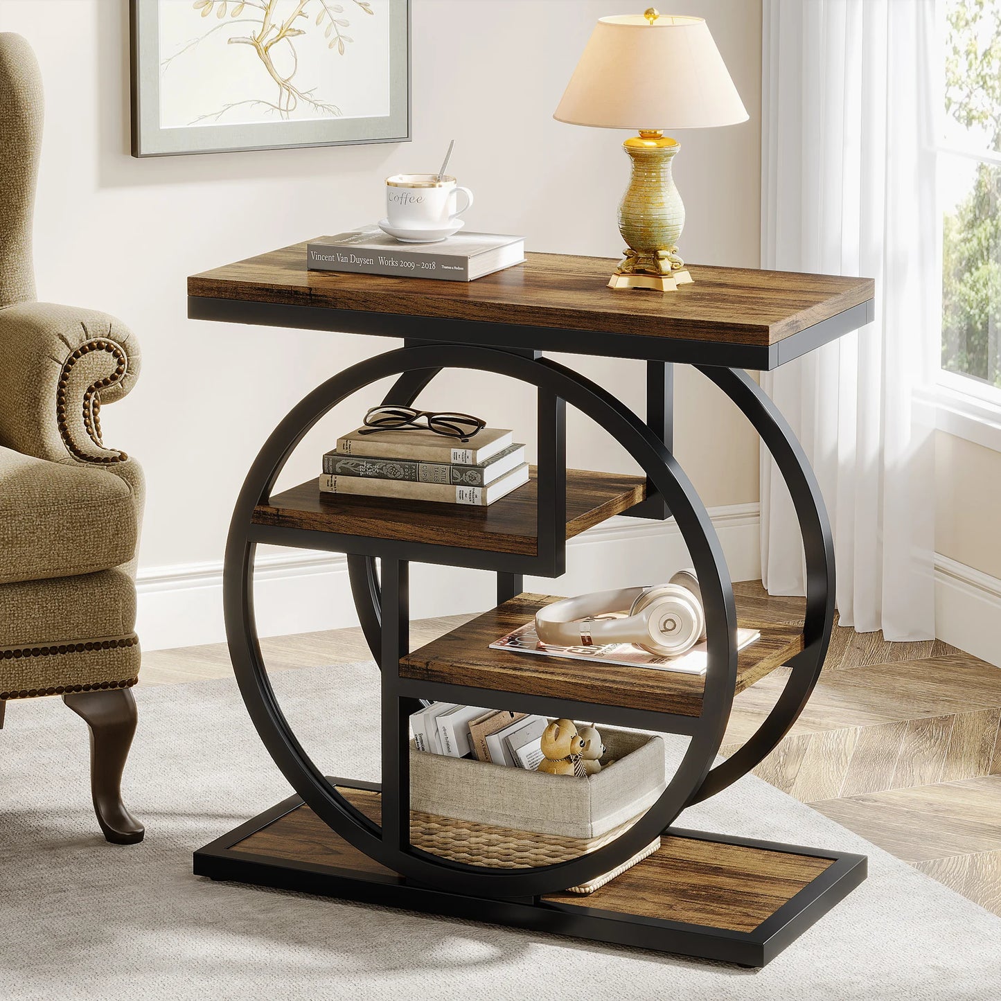 Tribesigns End Table With 3 Storage Shelves Industrial Wood