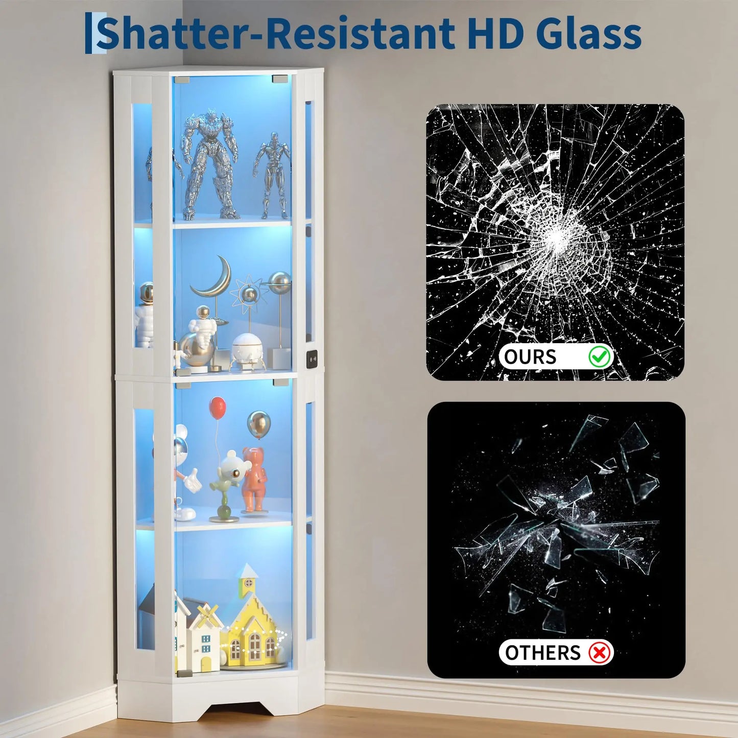 HiMISS Modern Glass Corner Display Cabinet With Lighted Shelves