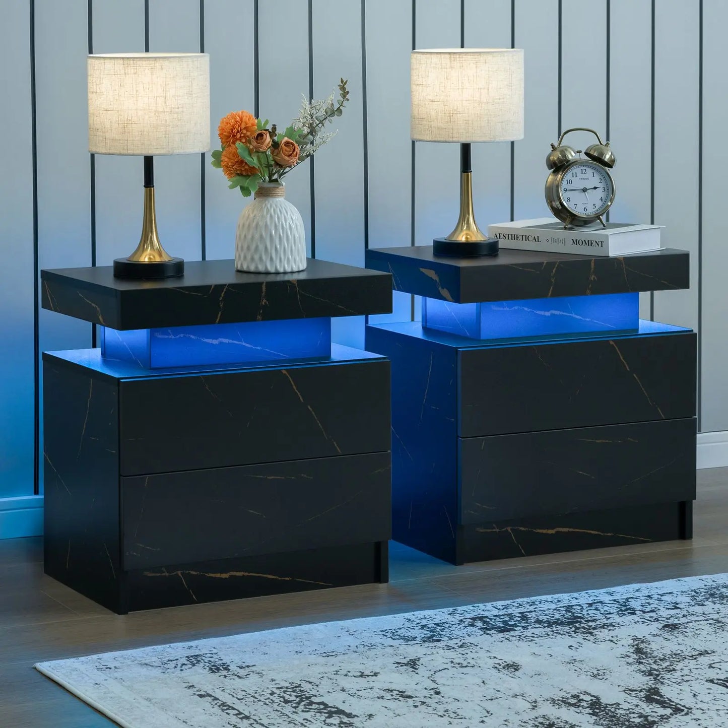 Cubehom Set Of 2 Modern Led Nightstand With Drawers