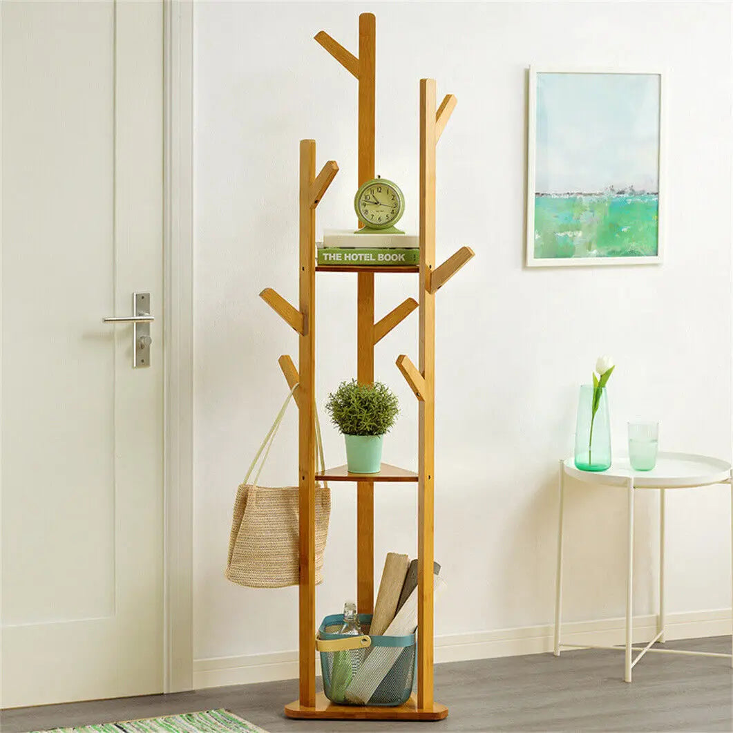 Wisfor Bamboo Corner Tree Coat Rack With Hooks And Shelves
