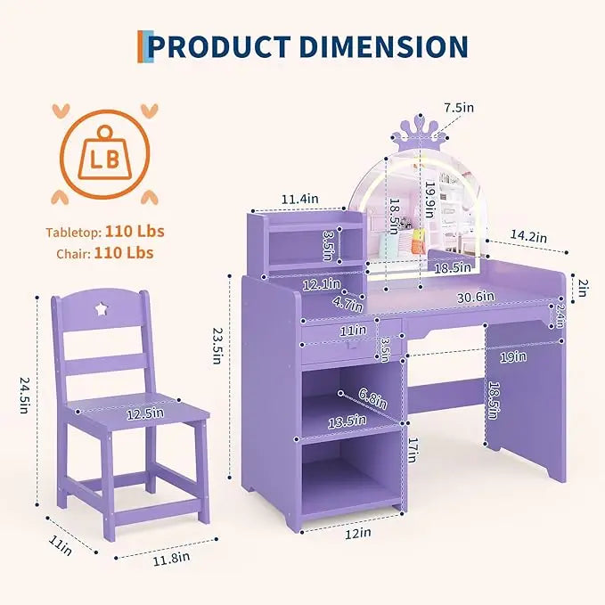 HiMiss Kids Vanity With Lights And Chair For Girls
