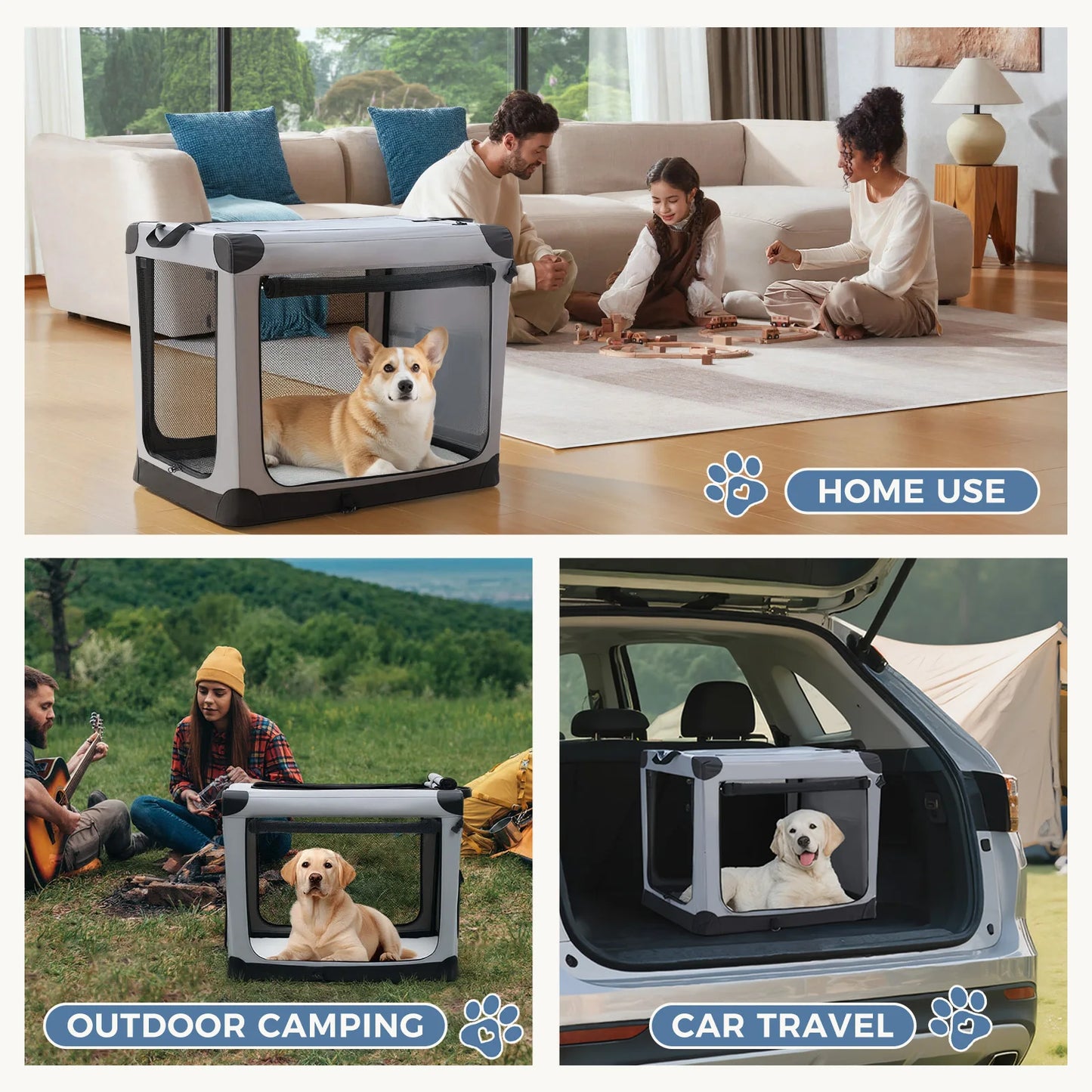 JHK Foldable Soft Dog Crate Portable Kennel Three Indoor Doors