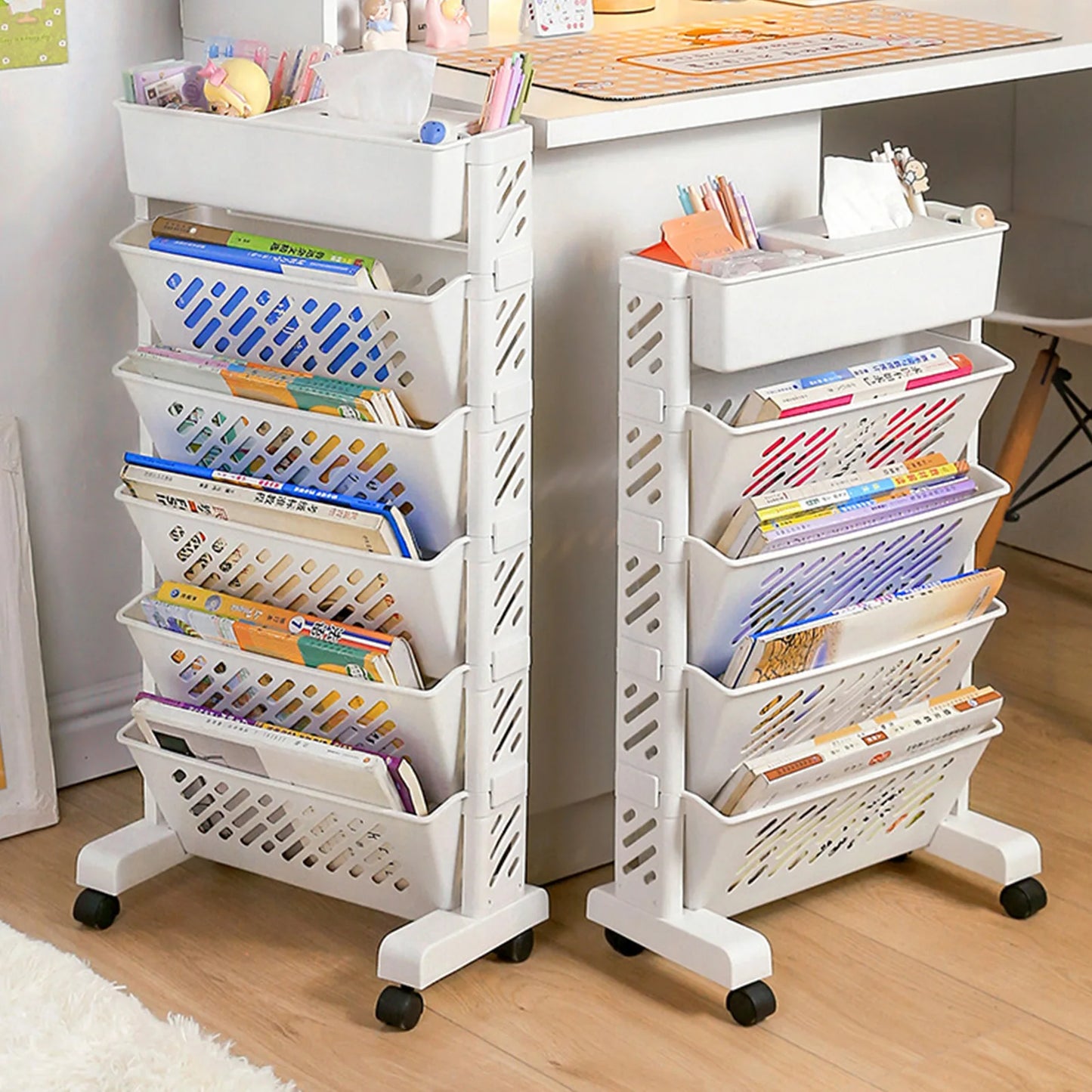 Plastic Rolling Bookshelf Movable Rotatable Storage Rack For Home Office