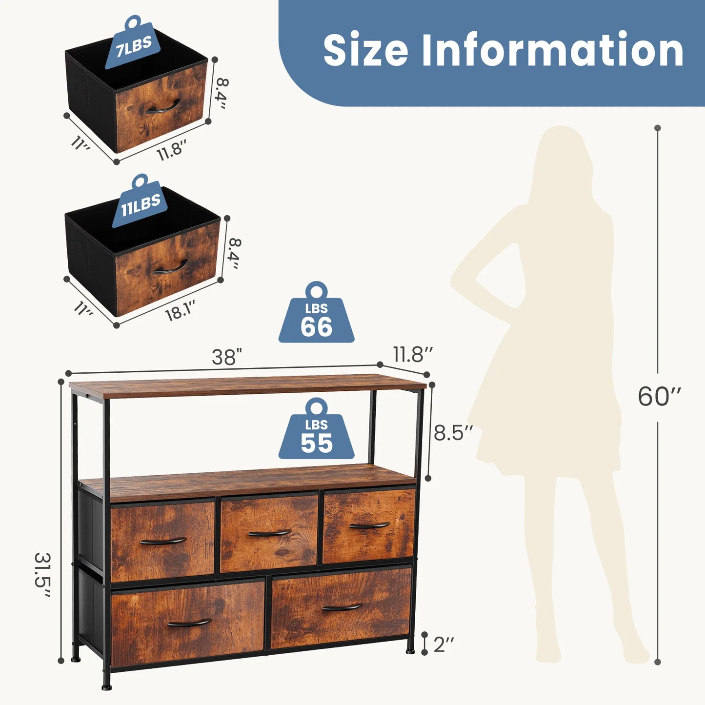 Jhk Modern TV Stand Dresser With Five Fabric Drawers And Storage