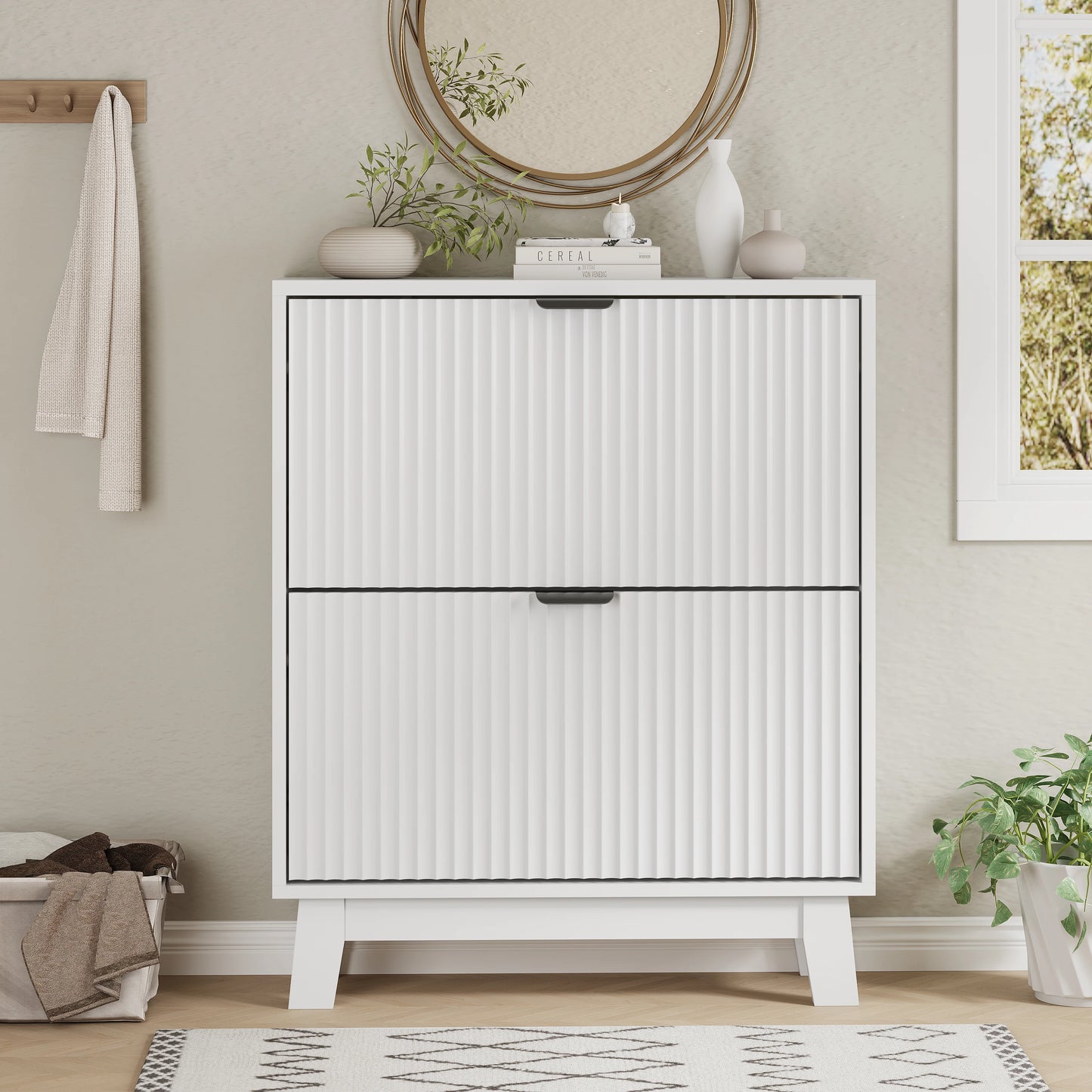 Modern Narrow Wooden Shoe Cabinet Two Flip Drawers Entryway Organizer