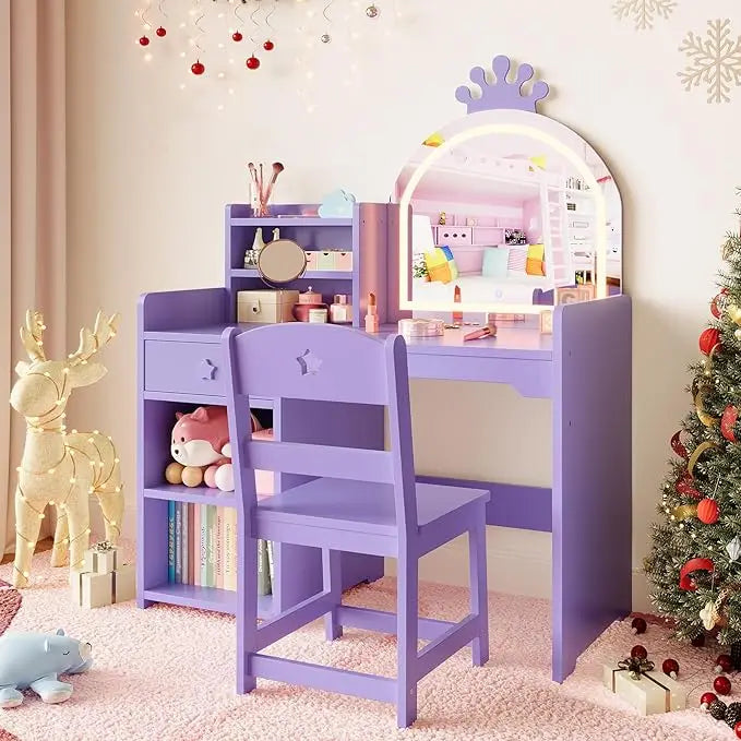 HiMiss Kids Vanity With Lights And Chair For Girls
