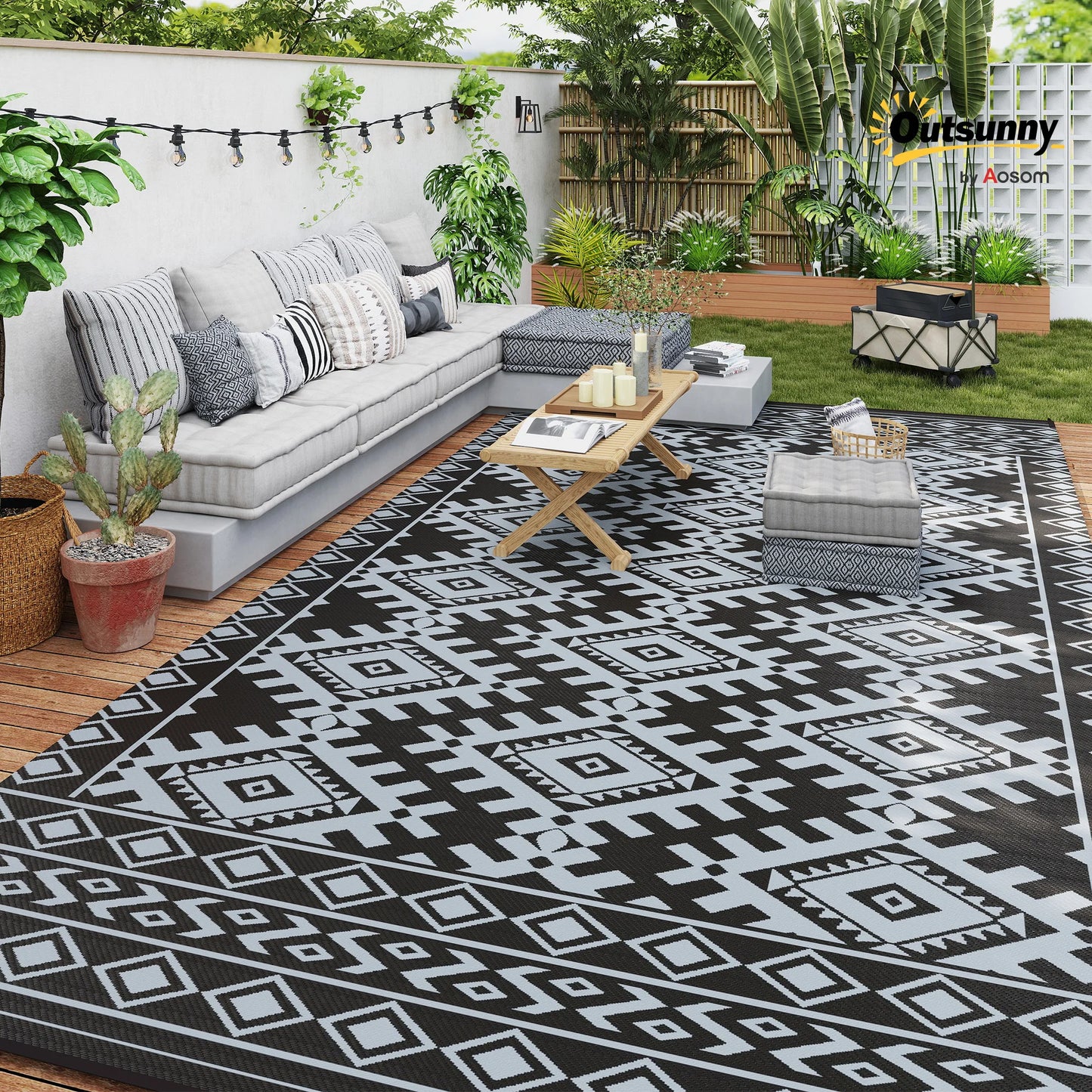 Modern Geometric Outdoor Polypropylene Floor Mat With Rhombus Border