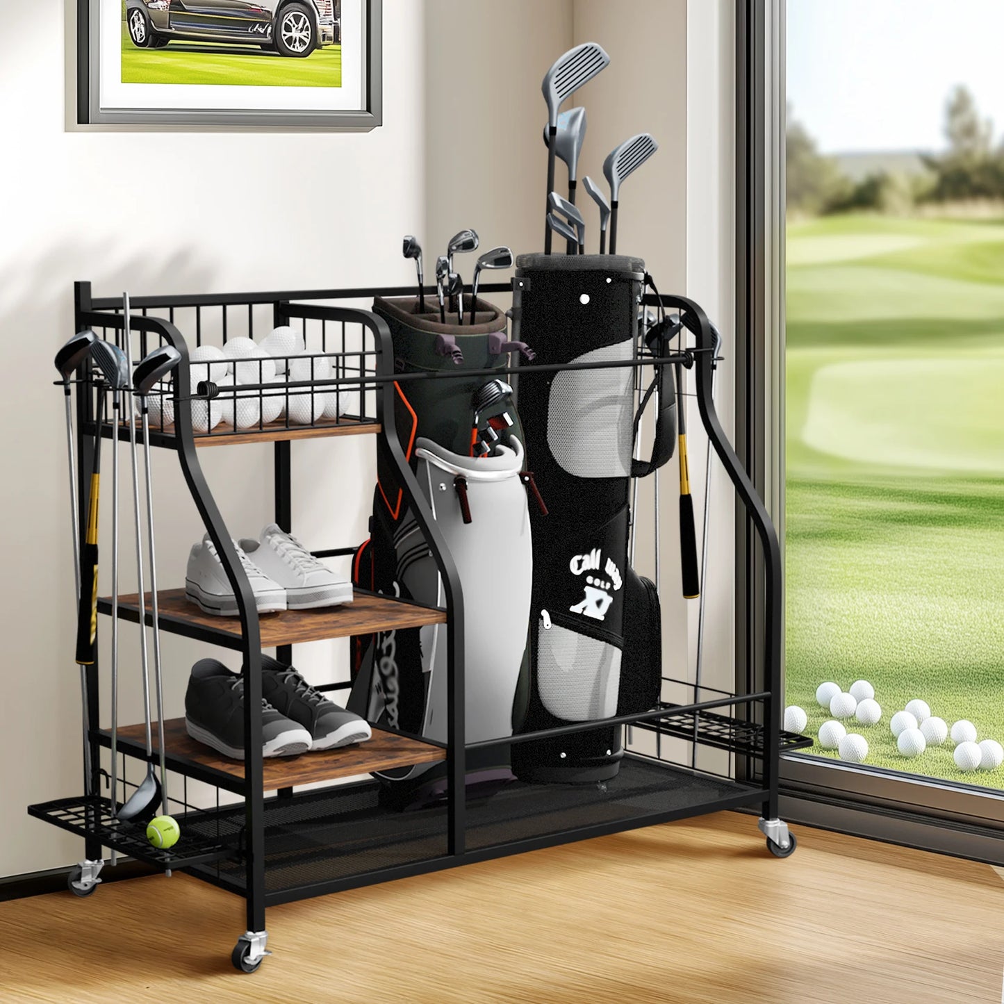 Multifunctional Metal Rolling Golf Bag Storage Shelf With Wheels