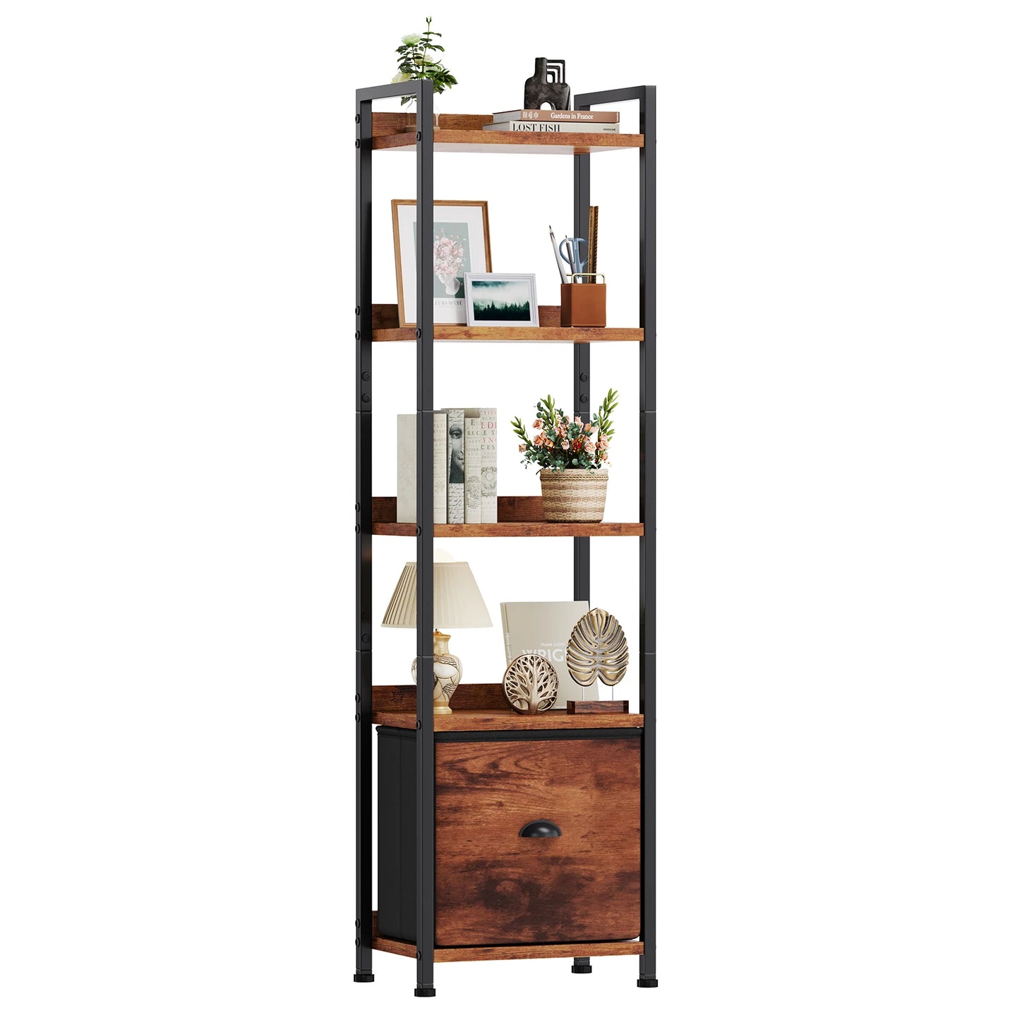 MCQ 5 Tier Bookshelf With Fabric Drawer Wood And Metal Organizer