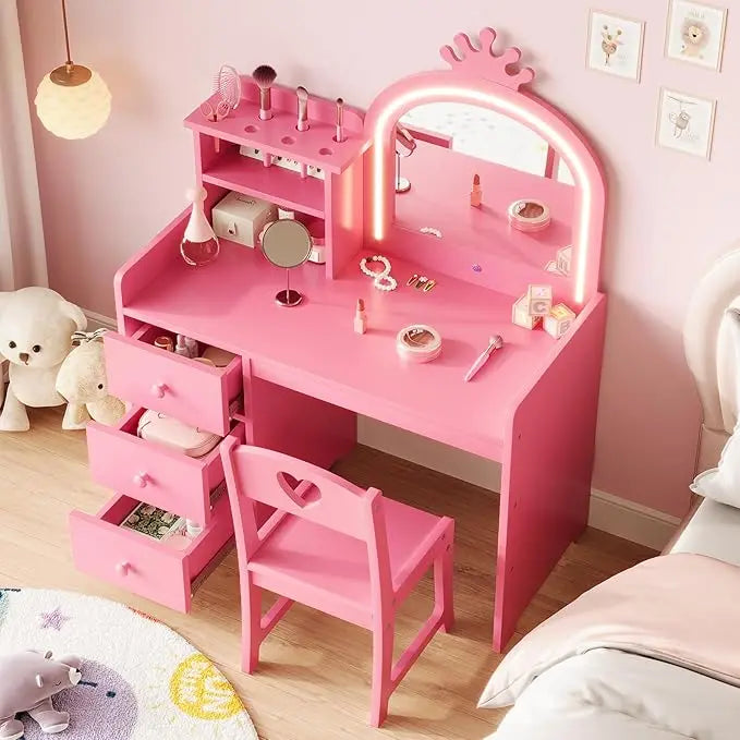 HiMiss Kids Vanity With Lights And Chair For Girls