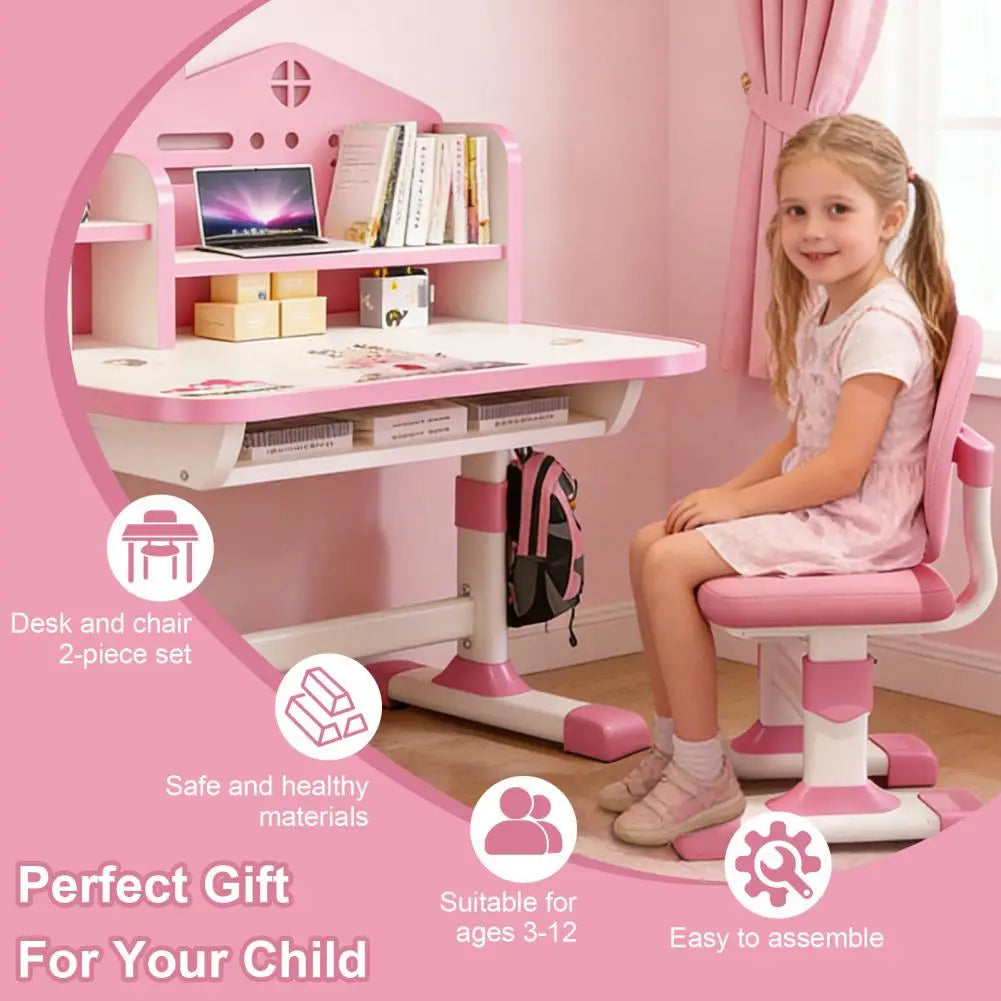 Kids Study Desk Chair Set With Adjustable Height Storage