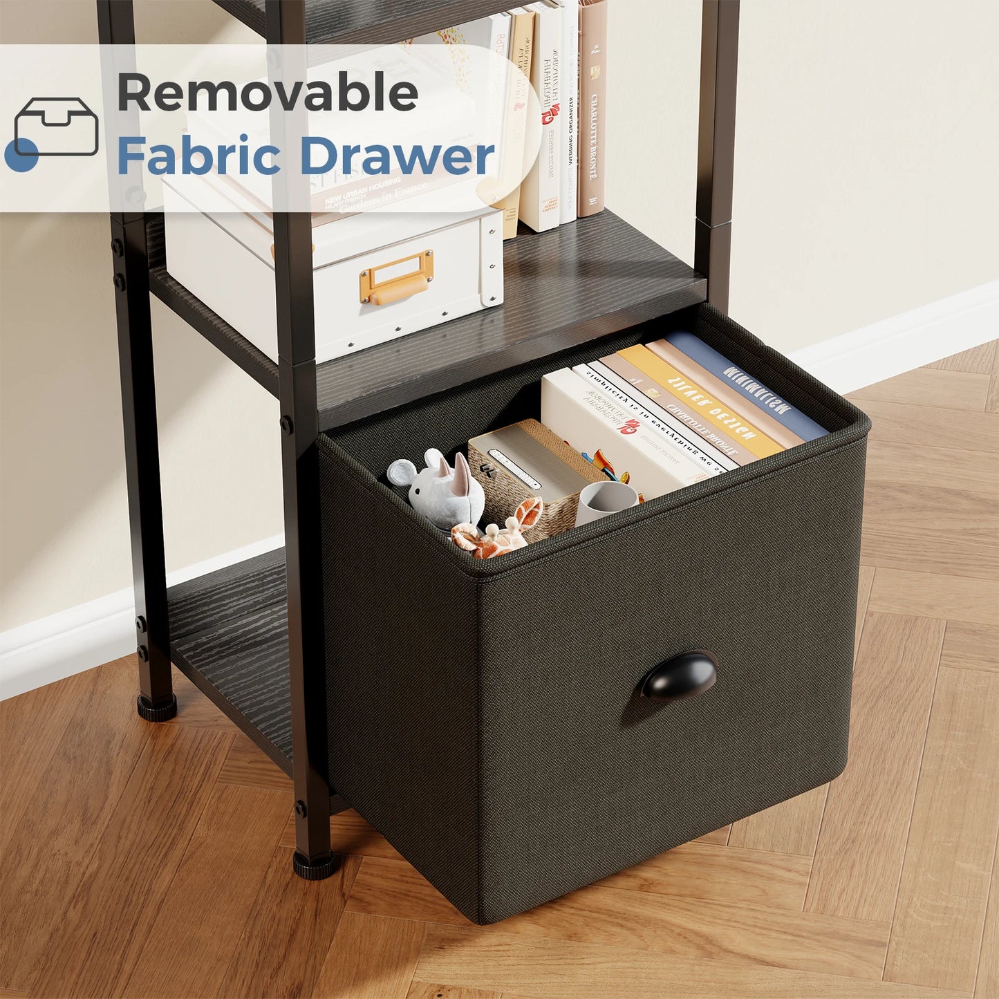MCQ 5 Tier Bookshelf With Fabric Drawer Wood And Metal Organizer
