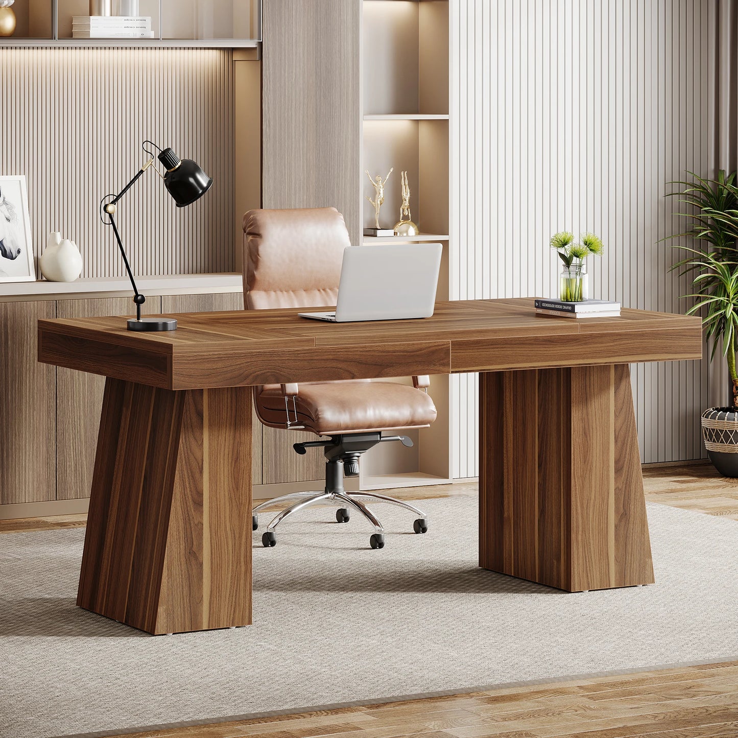 Tribesigns Executive Wood Office Computer Desk Dual Pedestal Modern Workstation