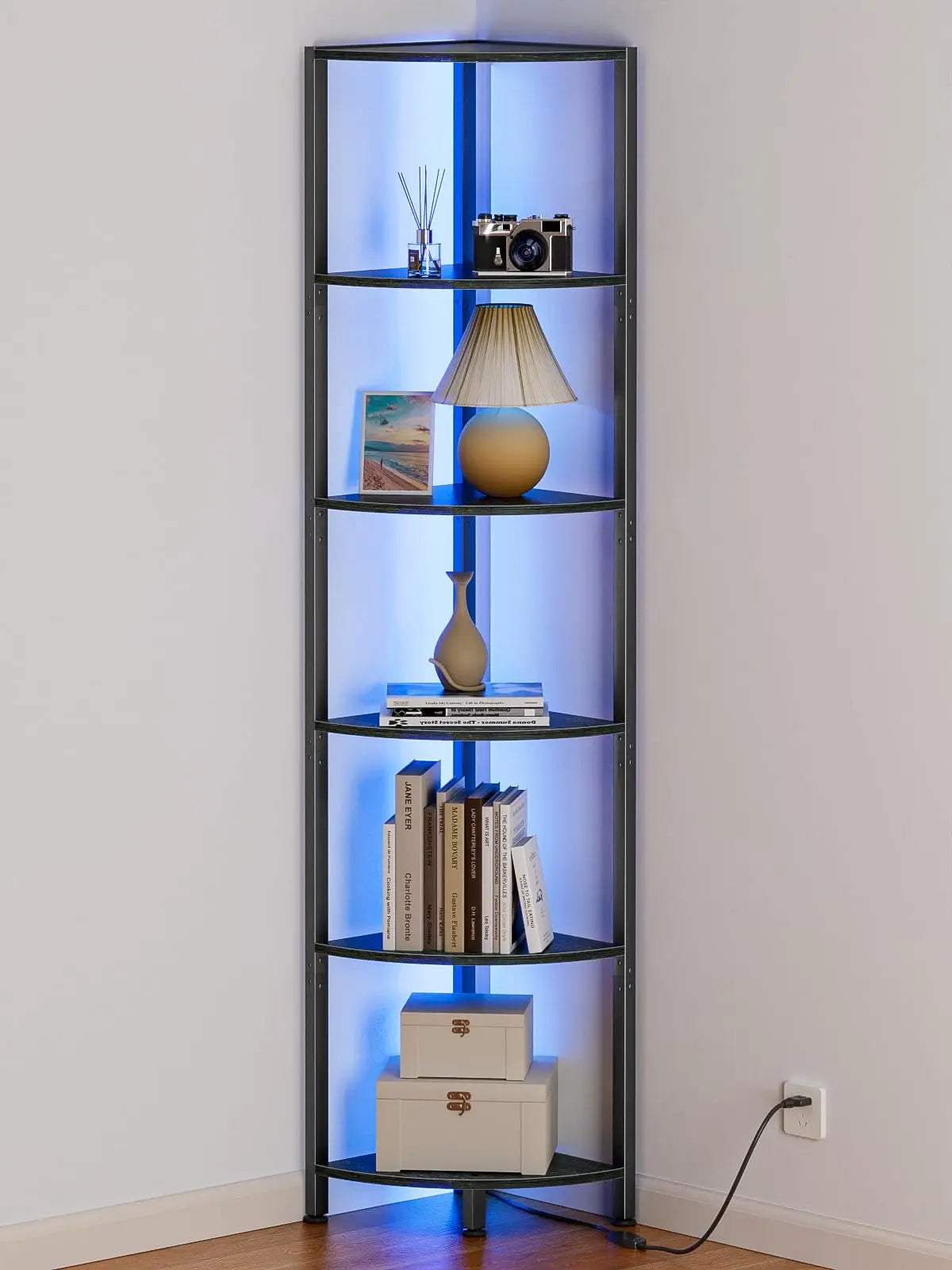 XIUWO Wooden Corner Shelf With LED Light Storage Bookshelf Organizer