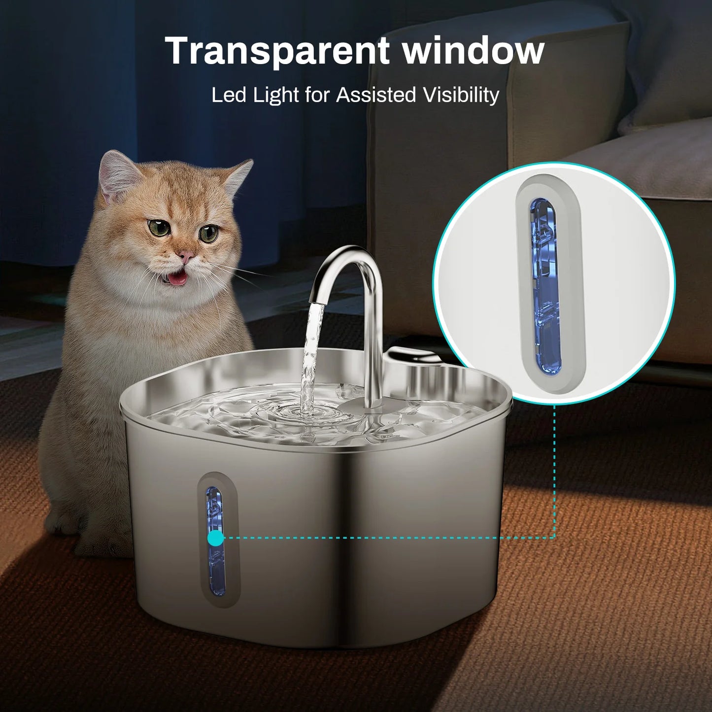 Stainless Steel Automatic Cat Dog Water Fountain With Transparent Window