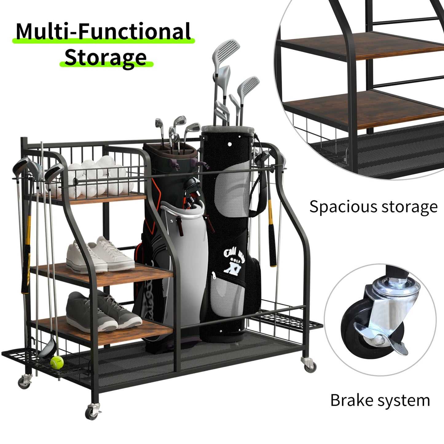 Multifunctional Metal Rolling Golf Bag Storage Shelf With Wheels