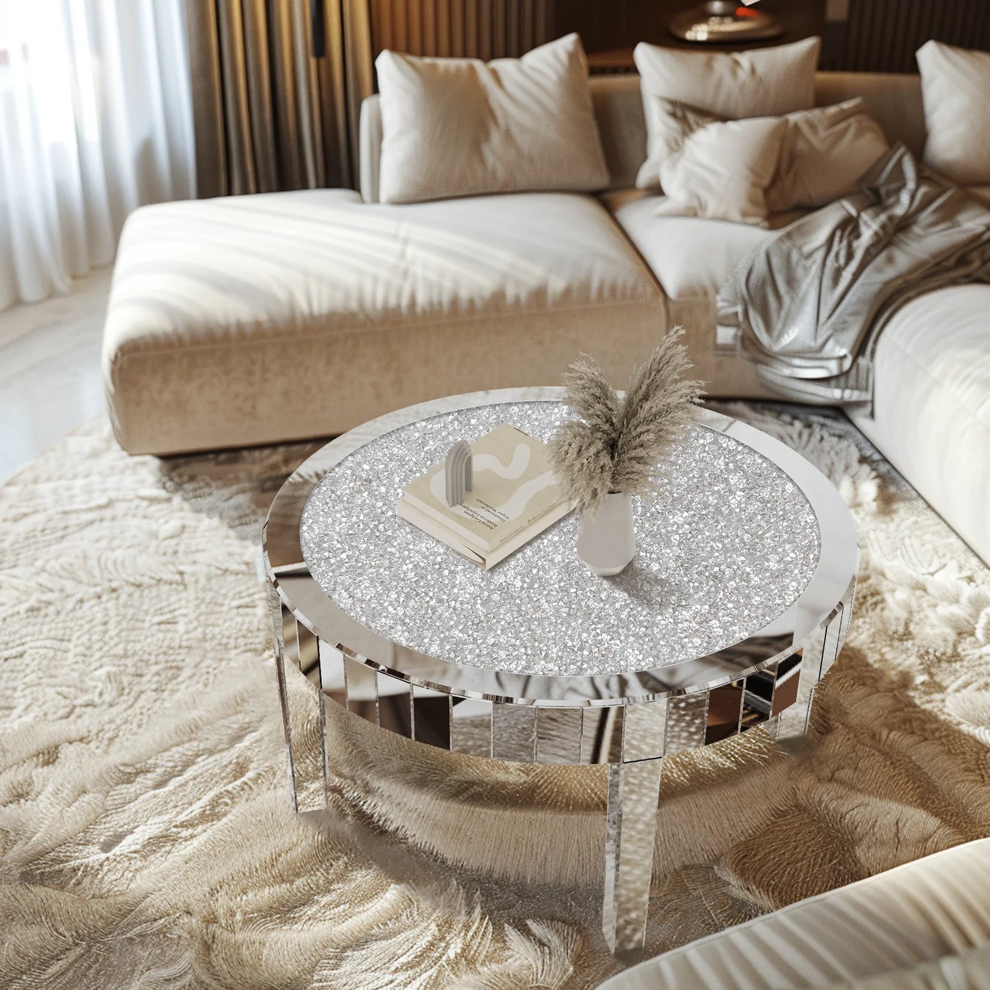 Mirrored Crystal Inlay Coffee Table Modern Round Glass Living Room