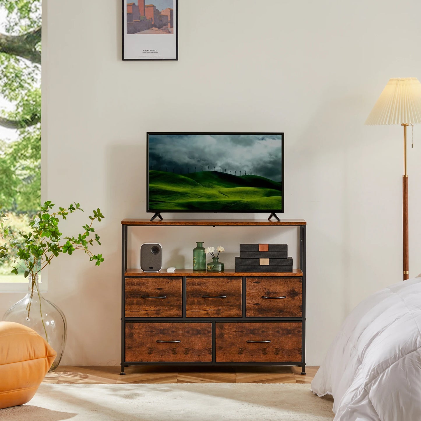 Jhk Modern TV Stand Dresser With Five Fabric Drawers And Storage