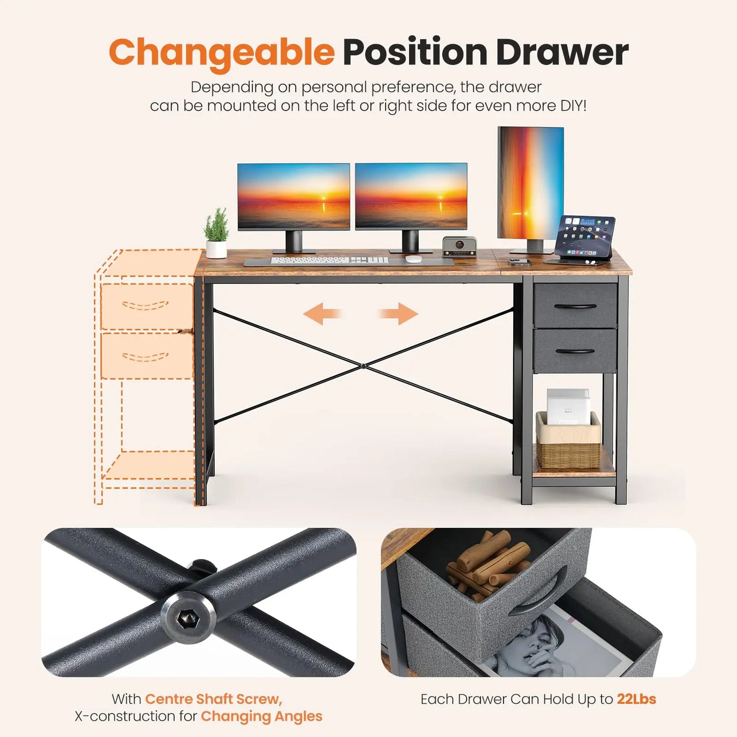 JHK Modern Wood Computer Desk With Two Adjustable Storage Drawers