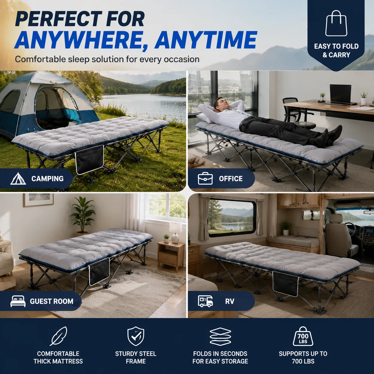 Portable Folding Camping Cot Padded Mattress For Travel Office Use