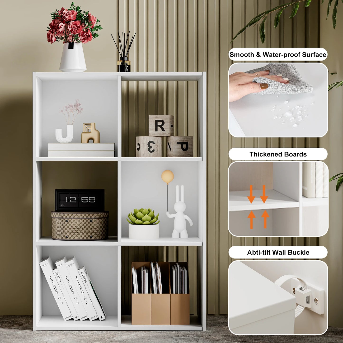MCQ 6 Tier Wooden Bookcase Storage Organizer With Back Panels